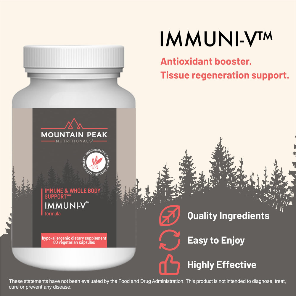 Close-up of Mountain Peak Immuni-V capsules for easy daily use.