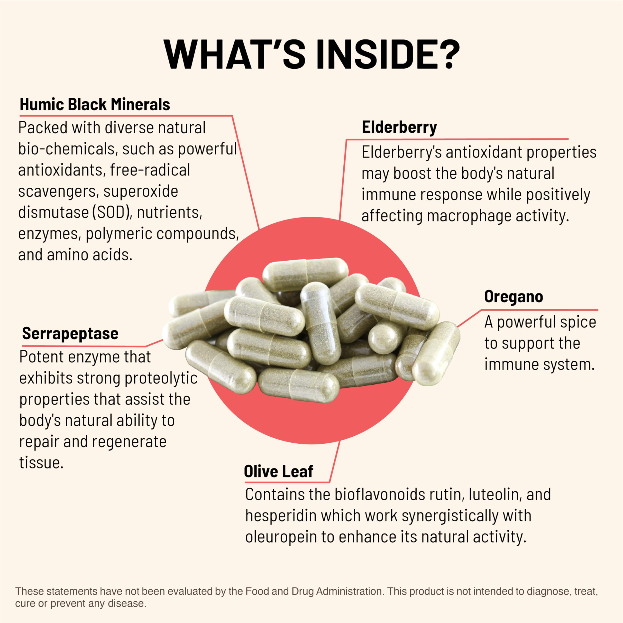 Humic and fulvic acids in Immuni-V highlight mineral-rich antioxidant support.