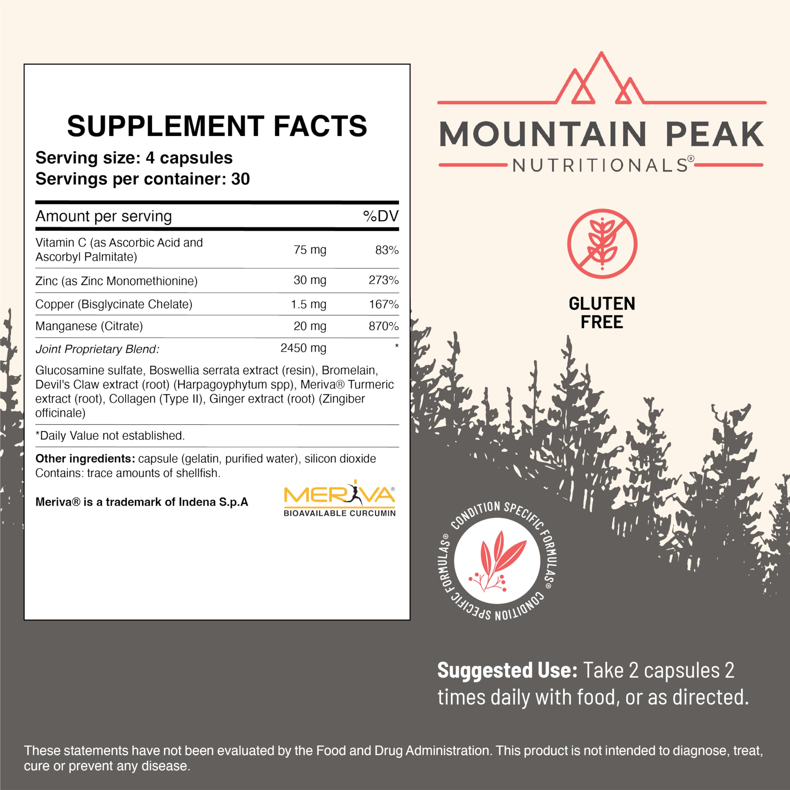Close-up of Mountain Peak Joint Formula label highlighting ingredients.