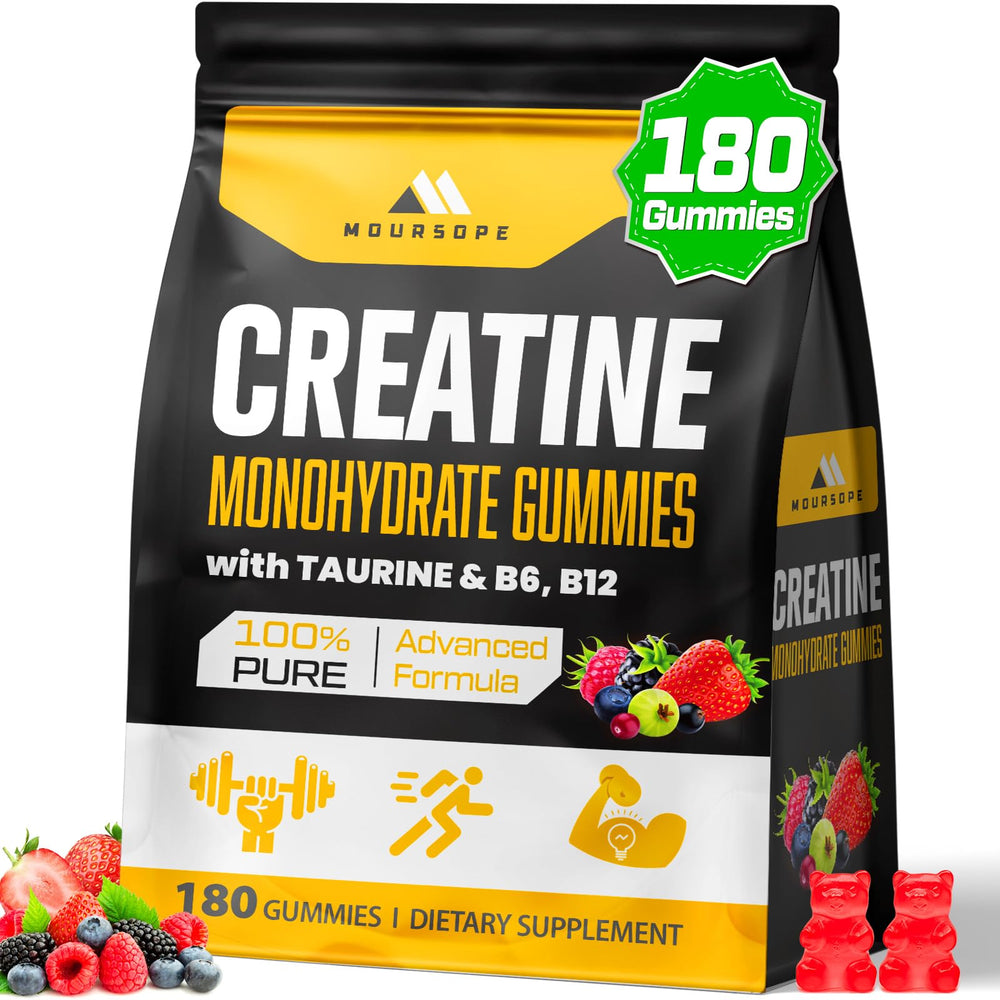 Moursope Creatine Monohydrate Gummies bottle front with mixed berry flavor for daily performance support