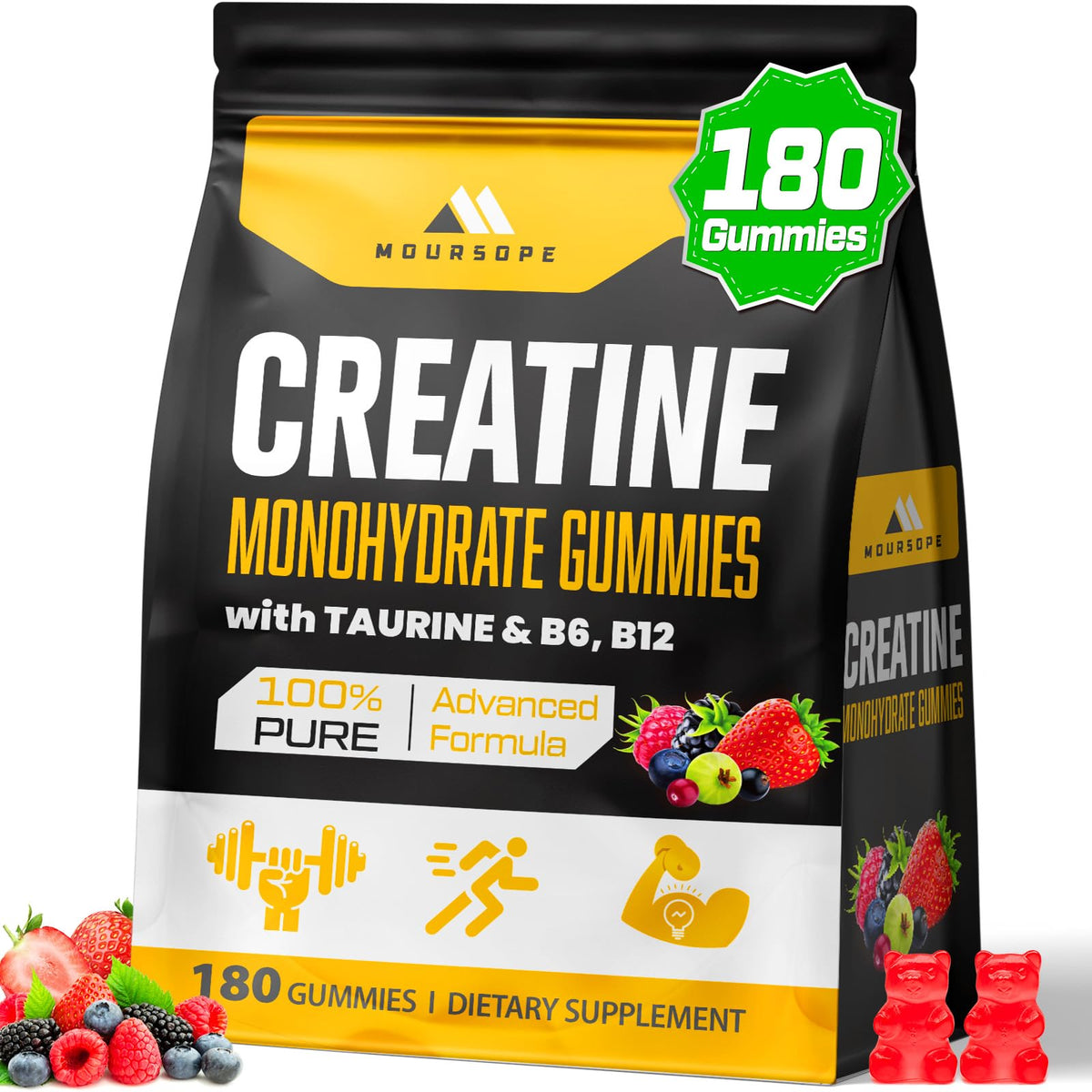 Moursope Creatine Monohydrate Gummies bottle front with mixed berry flavor for daily performance support