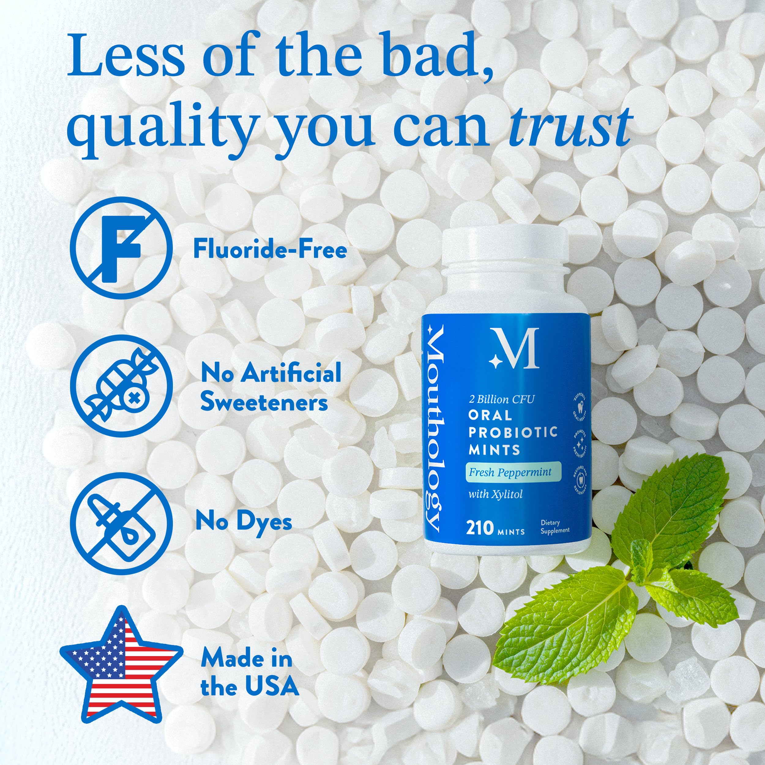 Mouthology mint flavor visual emphasizes refreshing taste and odor control potential.