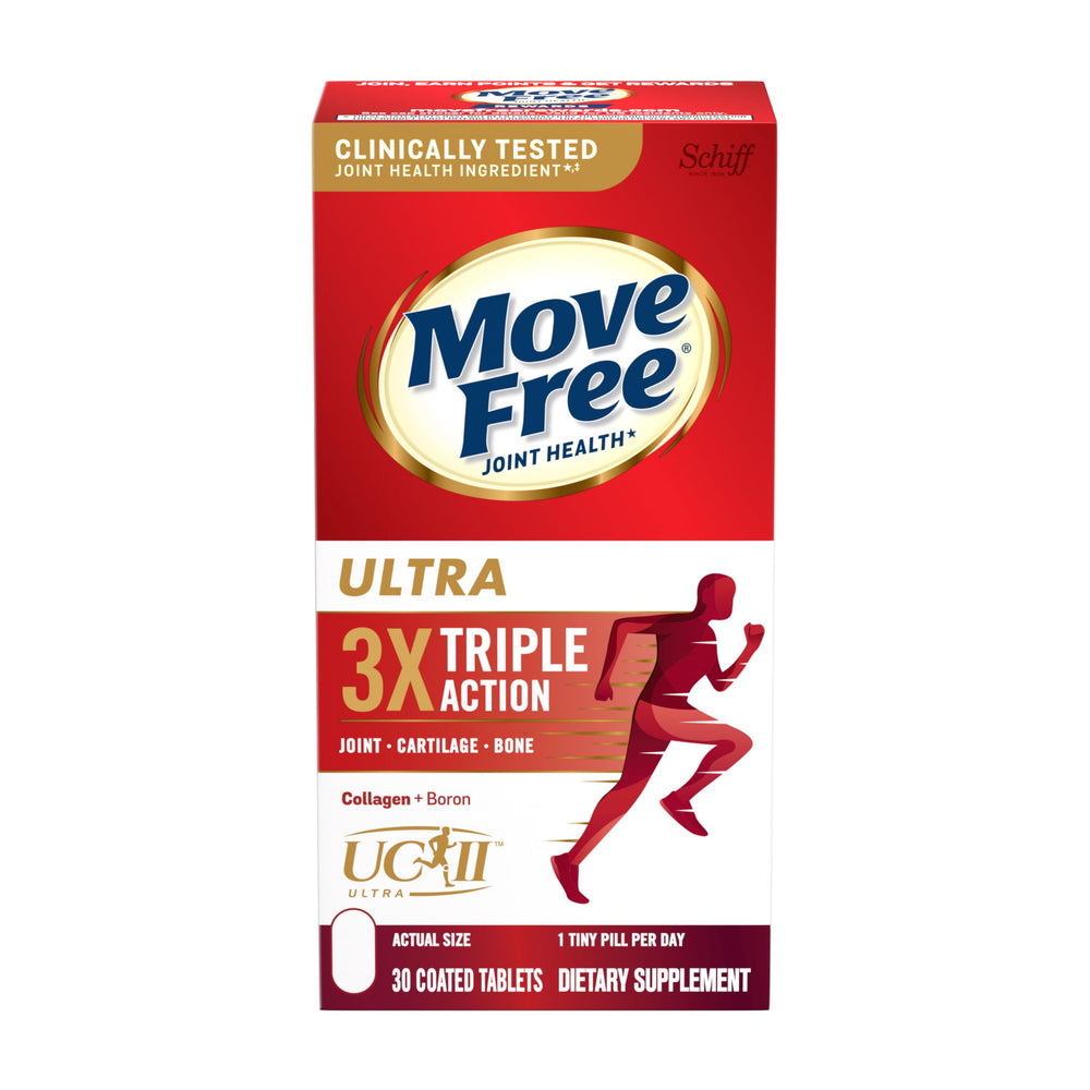 Move Free Ultra Triple Action bottle front promotes daily joint support possibilities.