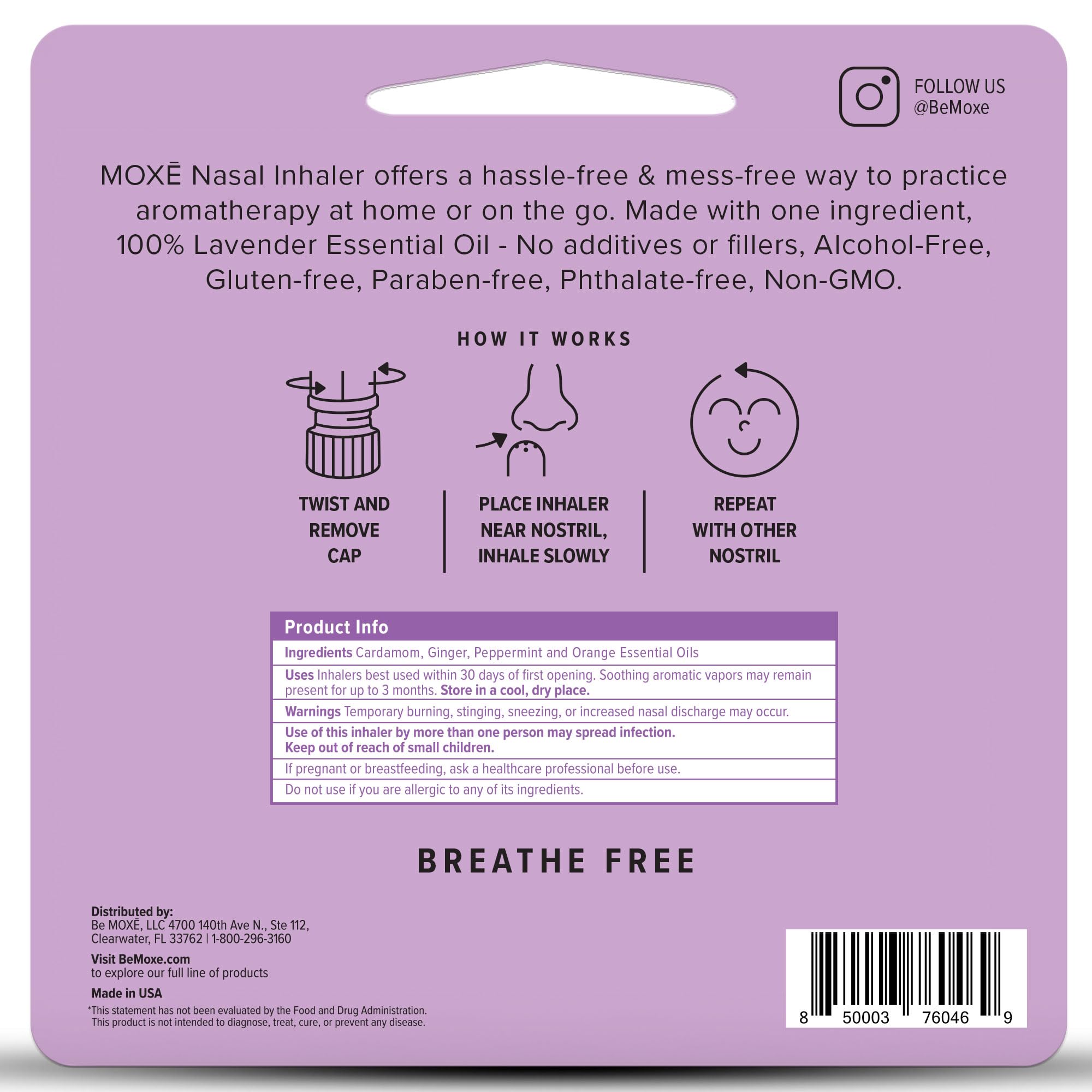 MOXE Lavender inhaler close-up highlights additive-free, alcohol-free lavender oil