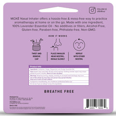 MOXE Lavender inhaler close-up highlights additive-free, alcohol-free lavender oil
