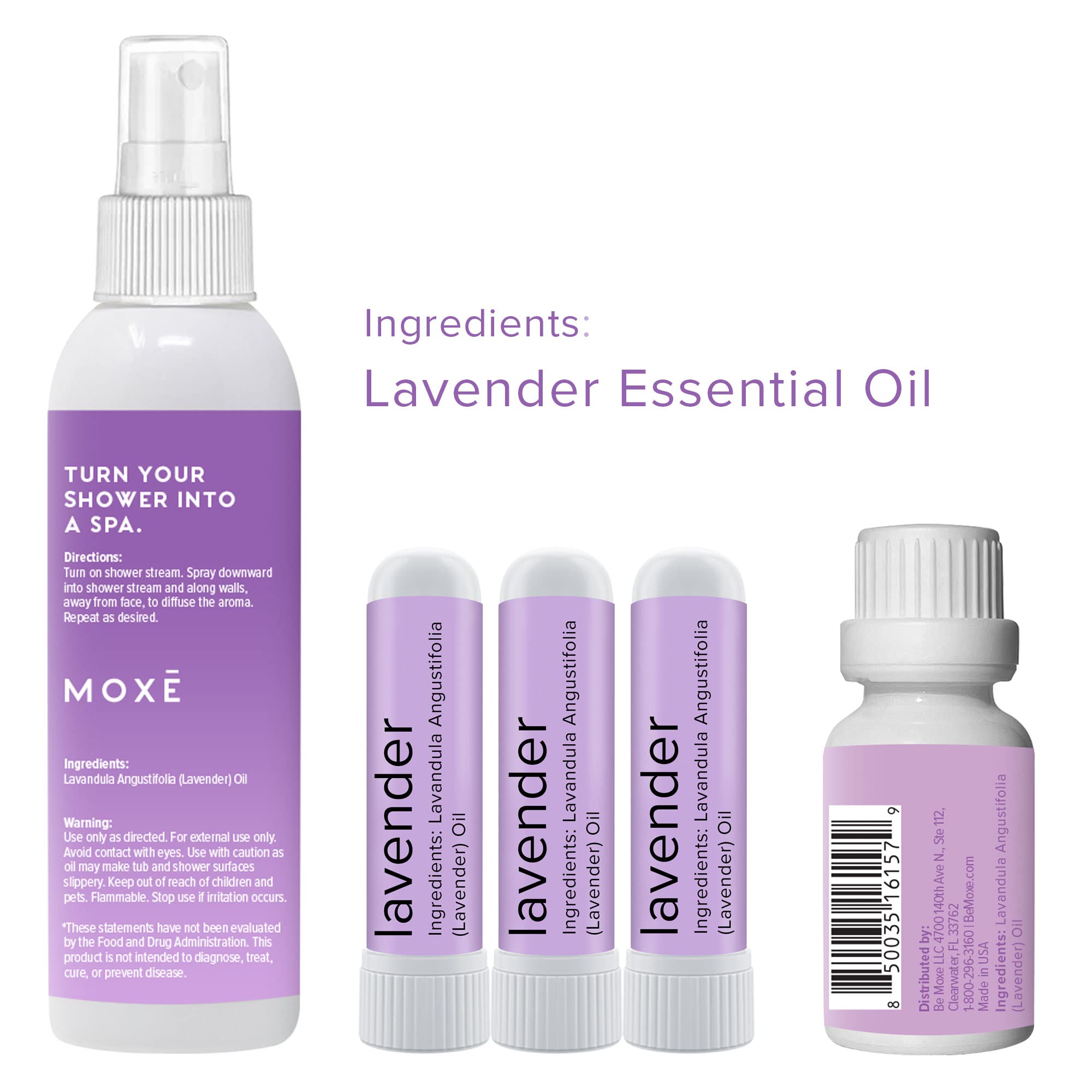 MOXE made in USA therapeutic grade lavender label emphasizing quality.