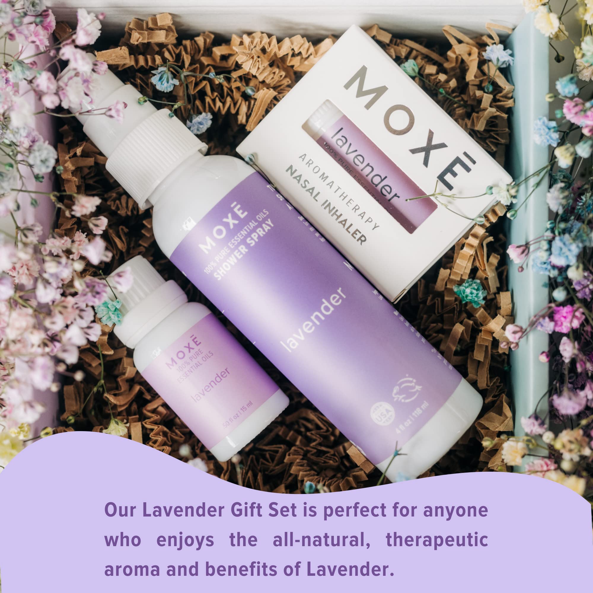 MOXE shower steamer spray lavender detail for a refreshing steam experience.