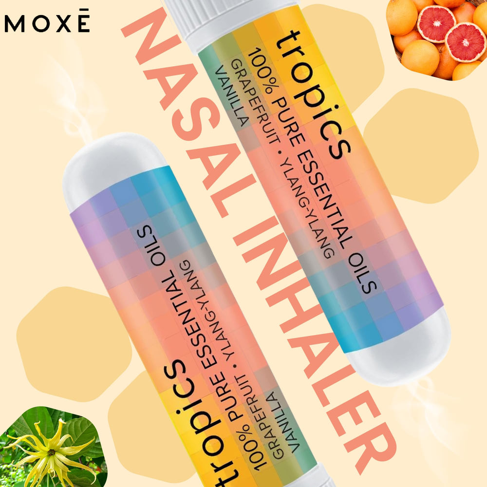 MOXE Tropics nasal stick grapefruit ylang ylang vanilla scent boosts mood during travel.