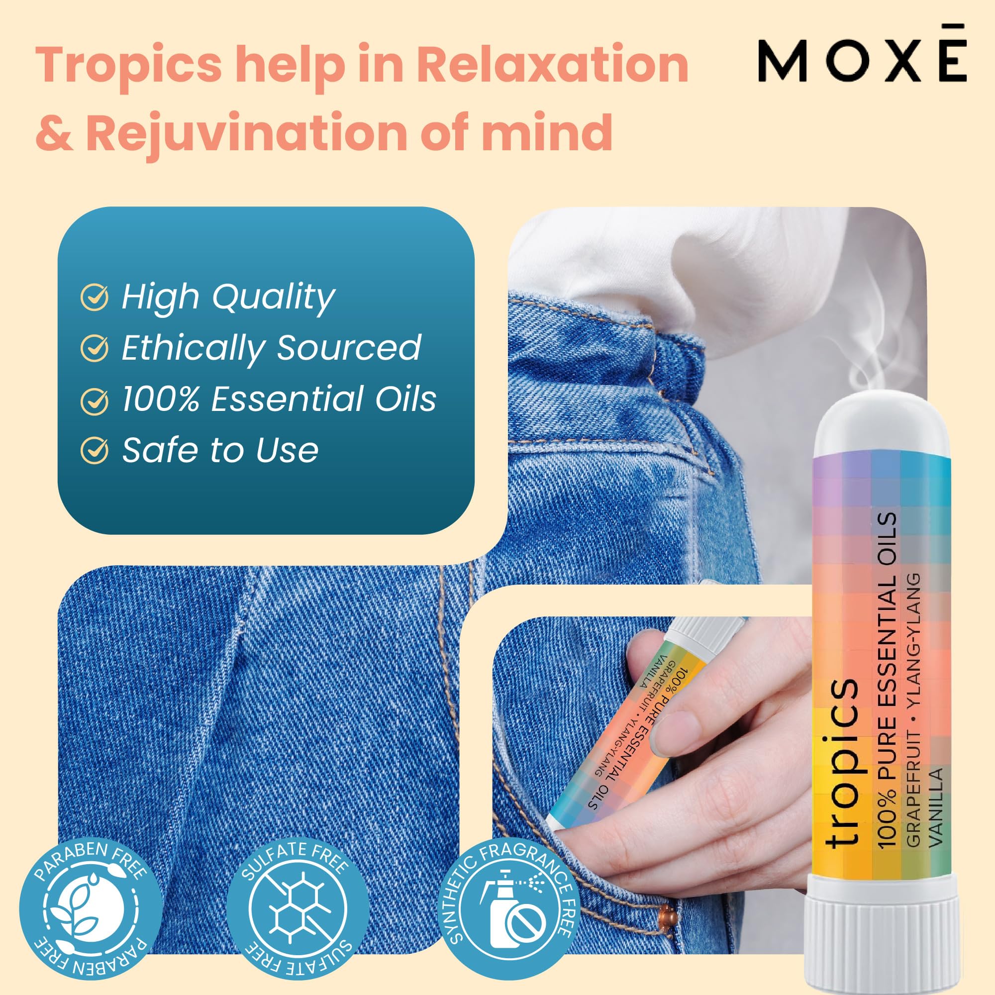 MOXE Tropics nasal stick long-lasting aroma for weeks of relaxation.