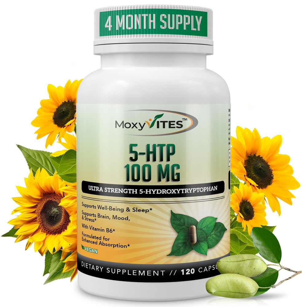 MoxyVites 5HTP bottle showing organic packaging for daily balance