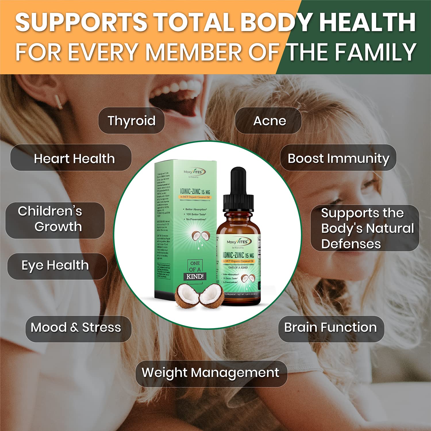 MoxyVites coconut oil zinc highlights natural sourcing and smooth taste.