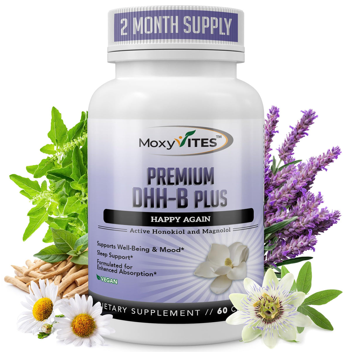 MoxyVites DHH-B bottle with clear label highlighting mood-support ingredients