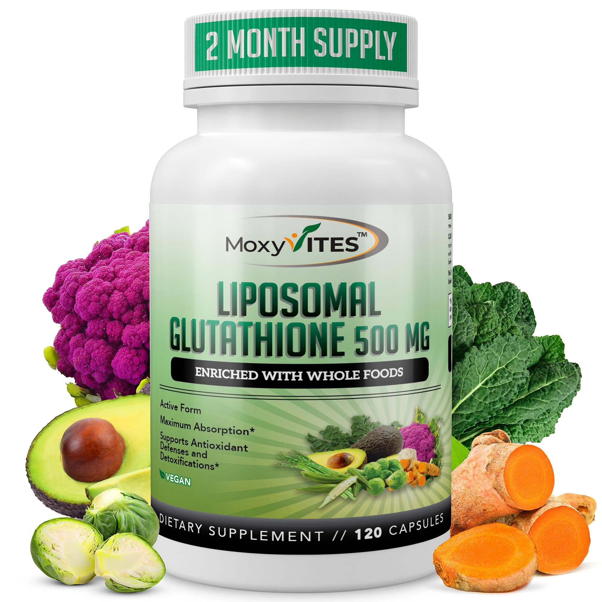 MoxyVites liposomal glutathione bottle highlights premium antioxidant support