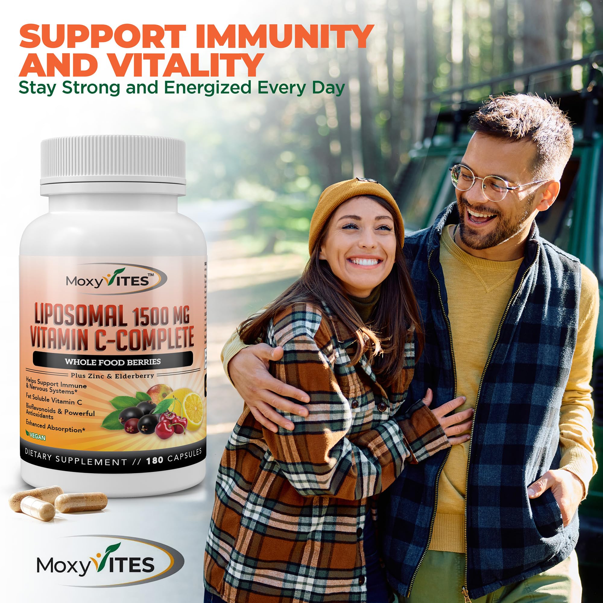 MoxyVites nutrition label close-up shows 180 capsules per bottle