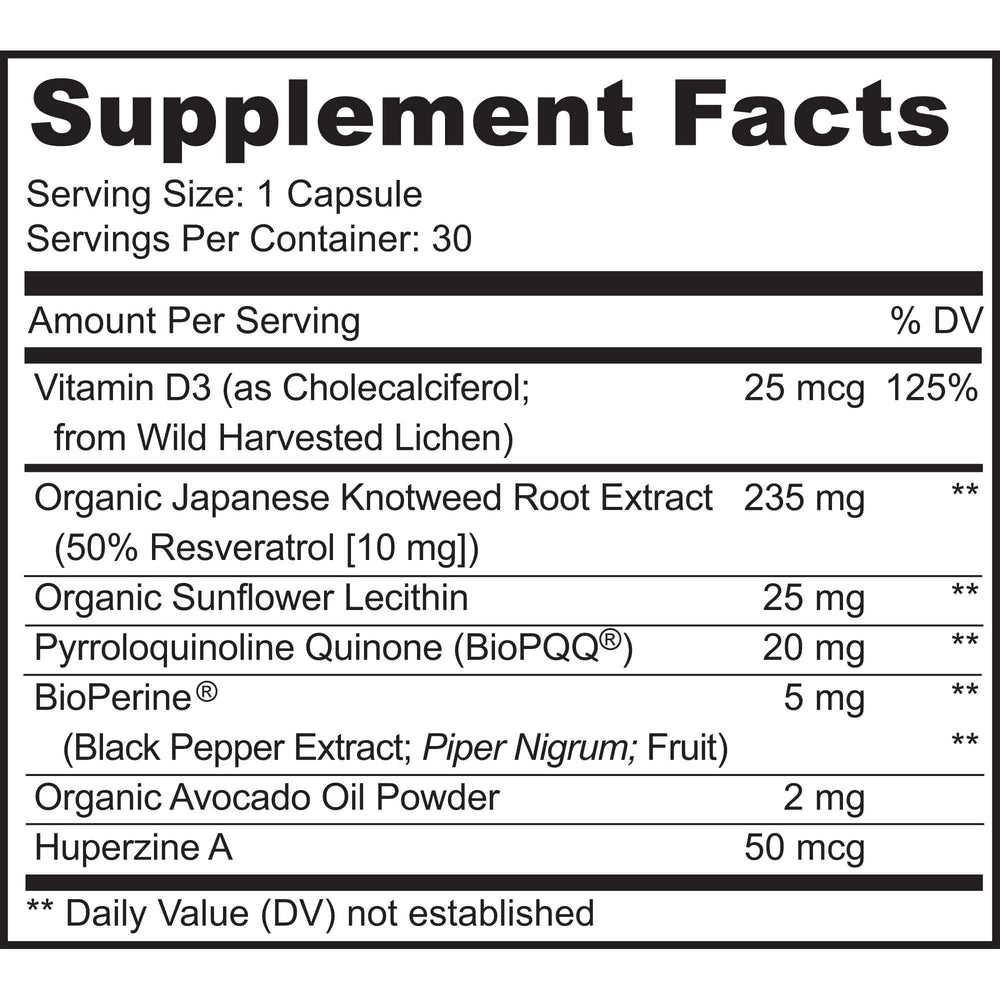 MoxyVites PQQ Mitorestore bottle label highlights BioPQQ and vegan ingredients