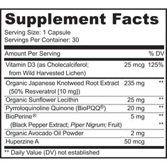 MoxyVites PQQ Mitorestore bottle label highlights BioPQQ and vegan ingredients