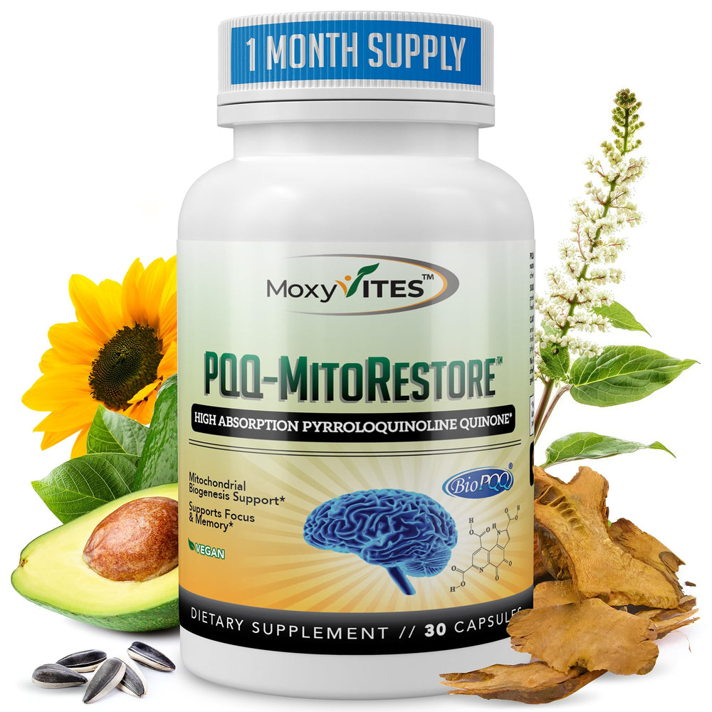 MoxyVites PQQ Mitorestore capsules in bottle for daily focus support