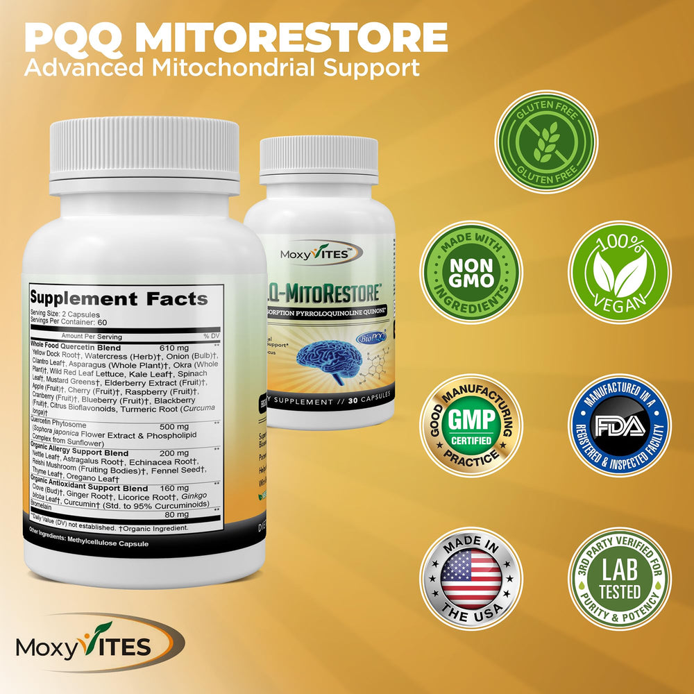 MoxyVites PQQ Mitorestore capsules shown beside the bottle on a clean surface