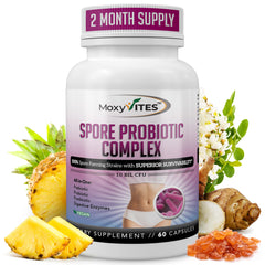 MoxyVites spore probiotic bottle pour supports convenient daily digestion and gut balance.