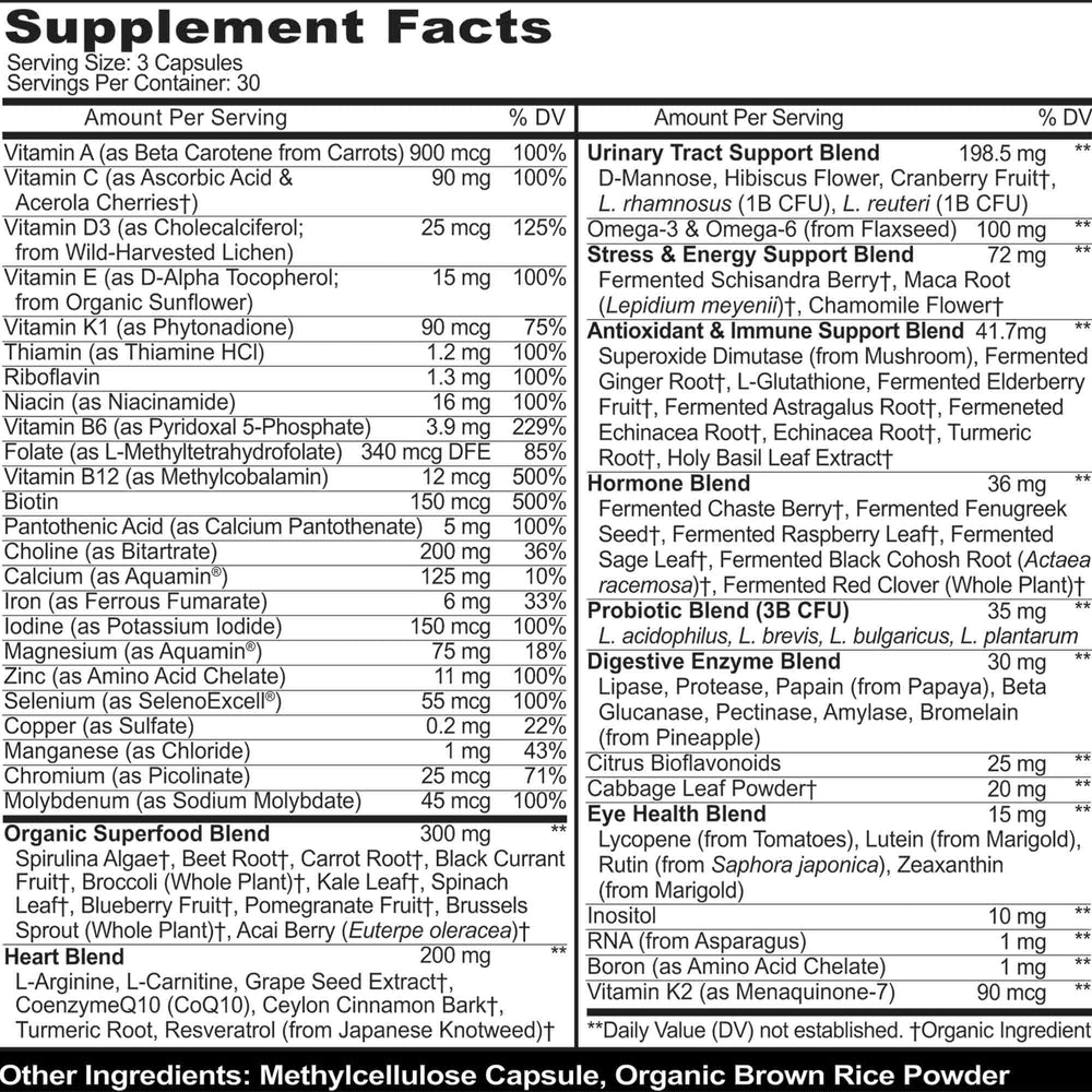 MoxyVites ingredients list highlights organic whole foods and fermented nutrients