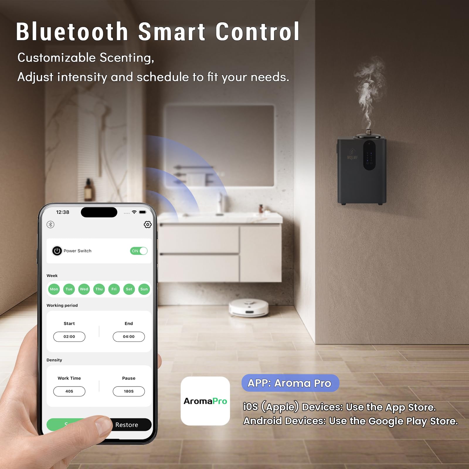 MQLMF diffuser app-control AromaPro allows scheduling and intensity customization.