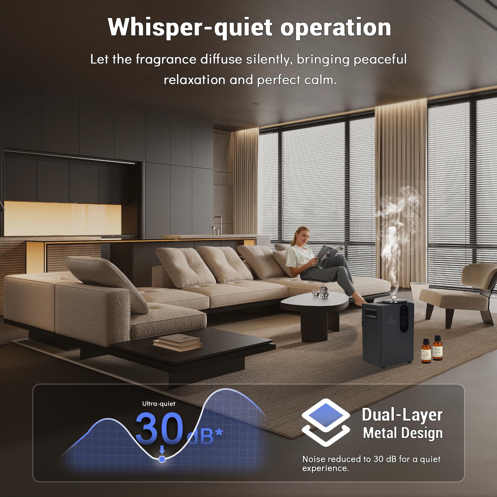 MQLMF diffuser built-in fan in action delivering rapid scent diffusion across rooms.