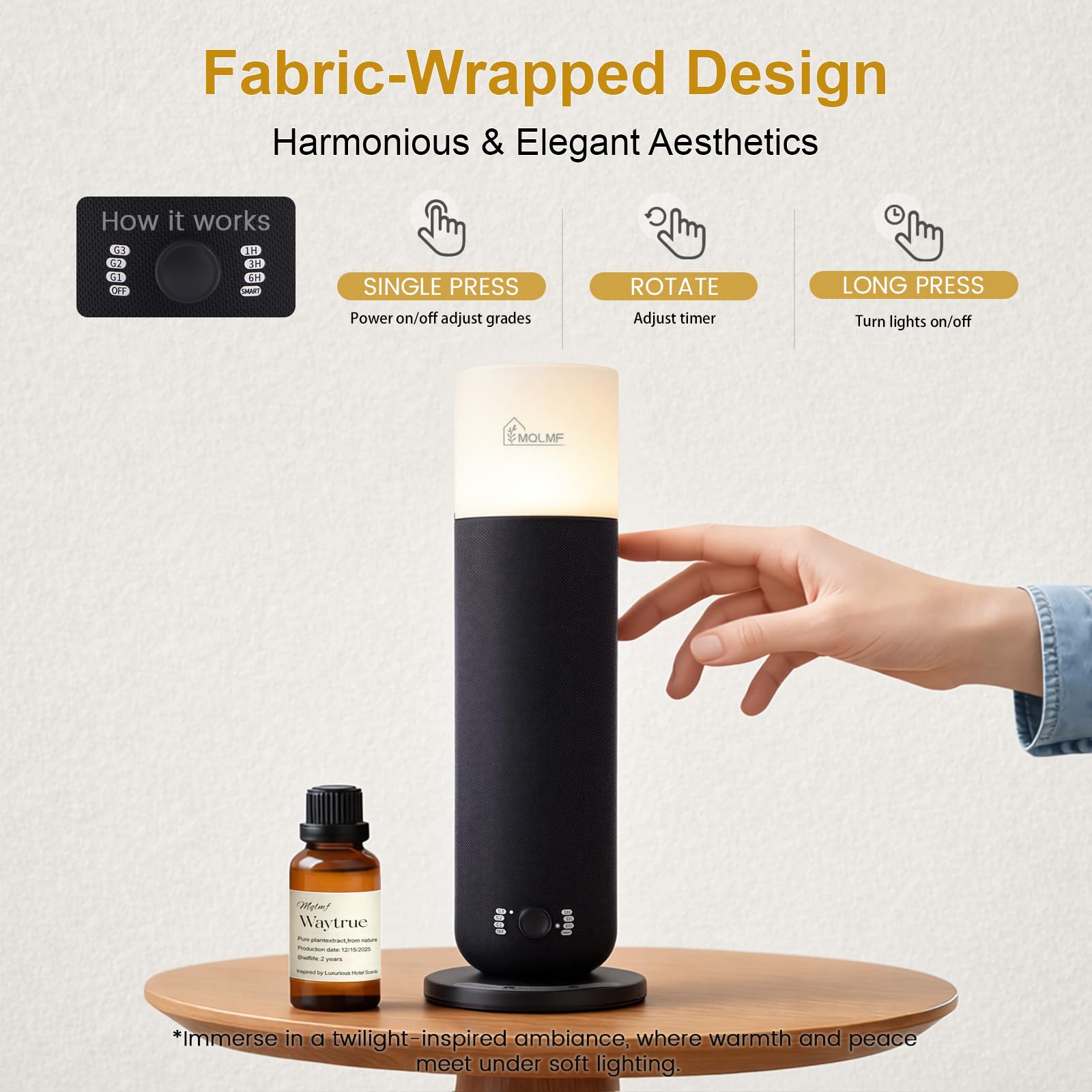 MQLMF Ultra-quiet diffuser with aluminum core for discreet operation.