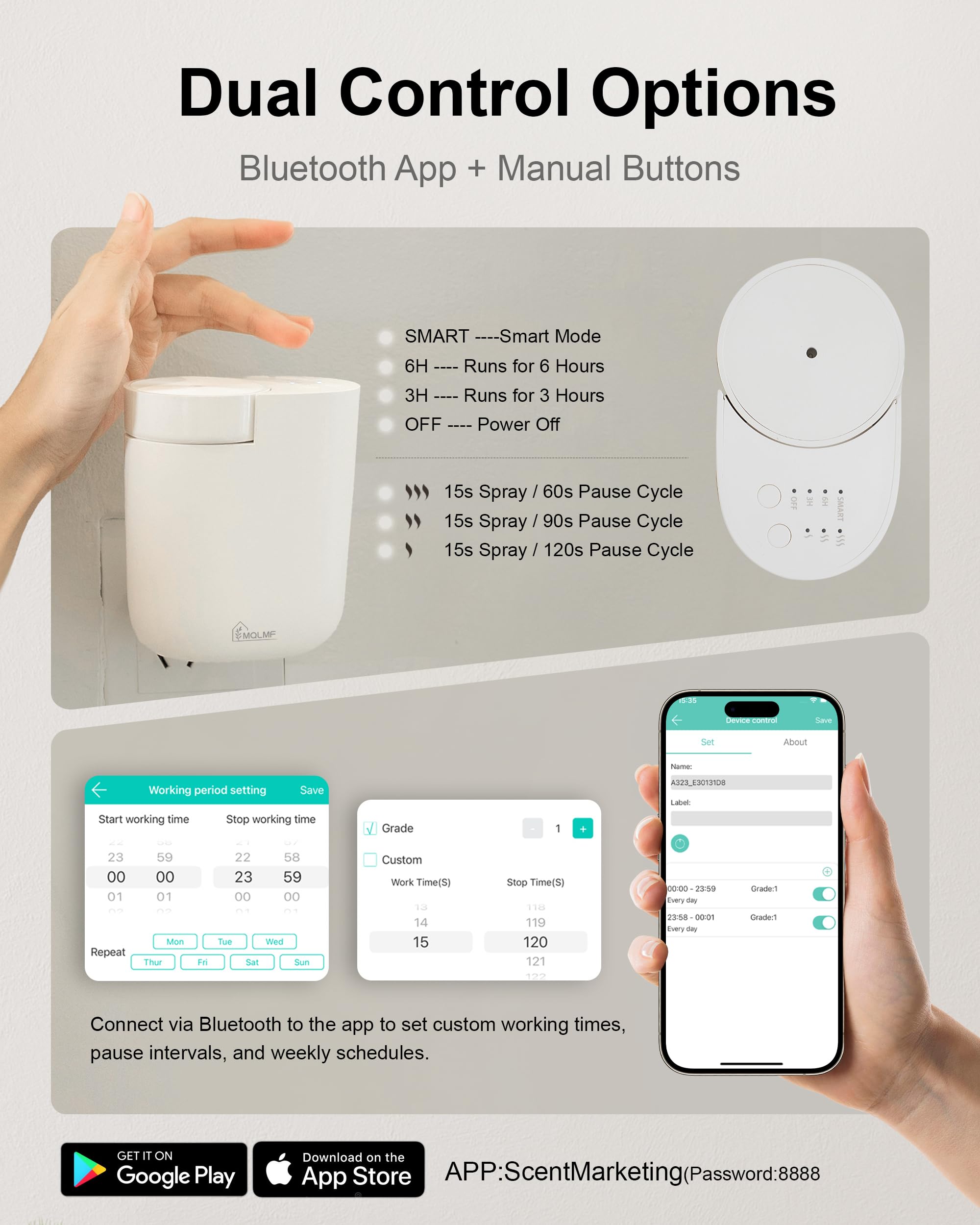 MQLMF diffuser with Bluetooth app control for timers and schedules.