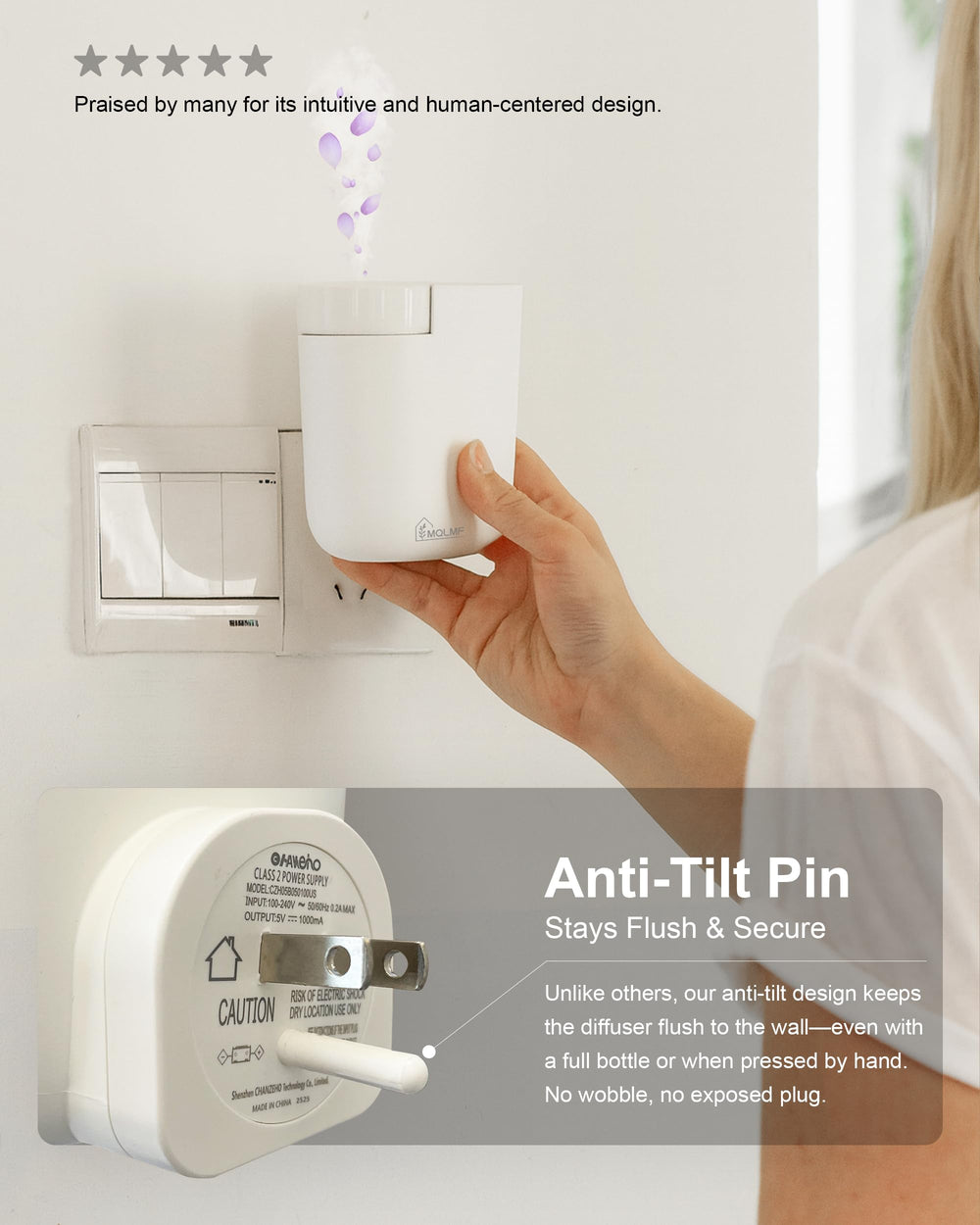 MQLMF energy-efficient travel-ready diffuser compatible with 110-240V outlets worldwide.