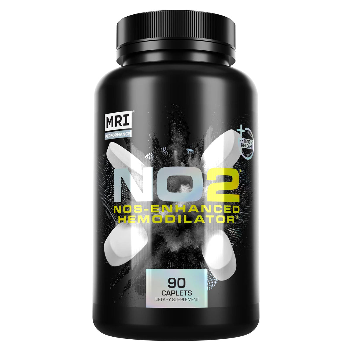 MRI Performance NO2 bottle side view showing caplets for workouts.