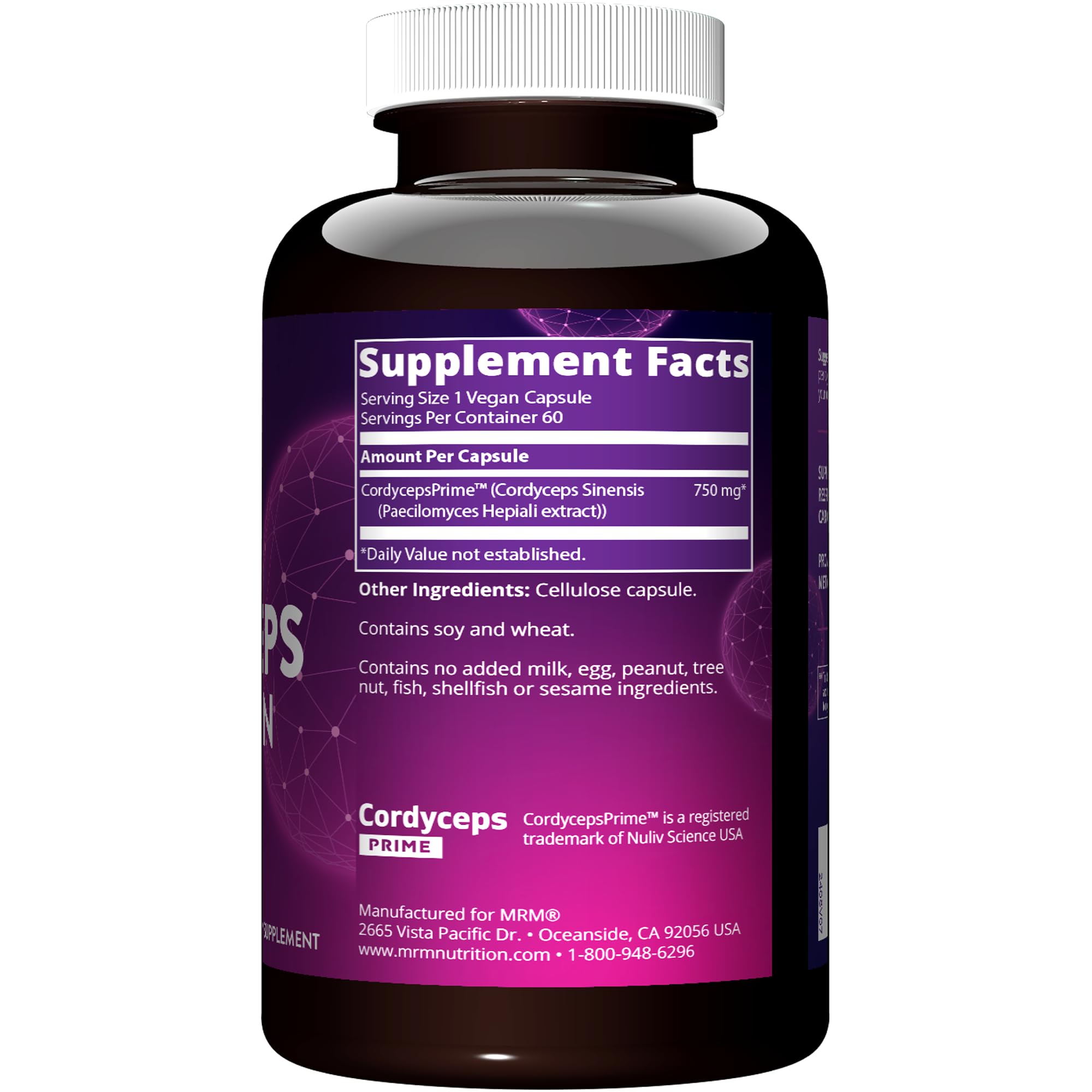 MRM Cordyceps CS-4 label highlights standardized active compounds for potency.
