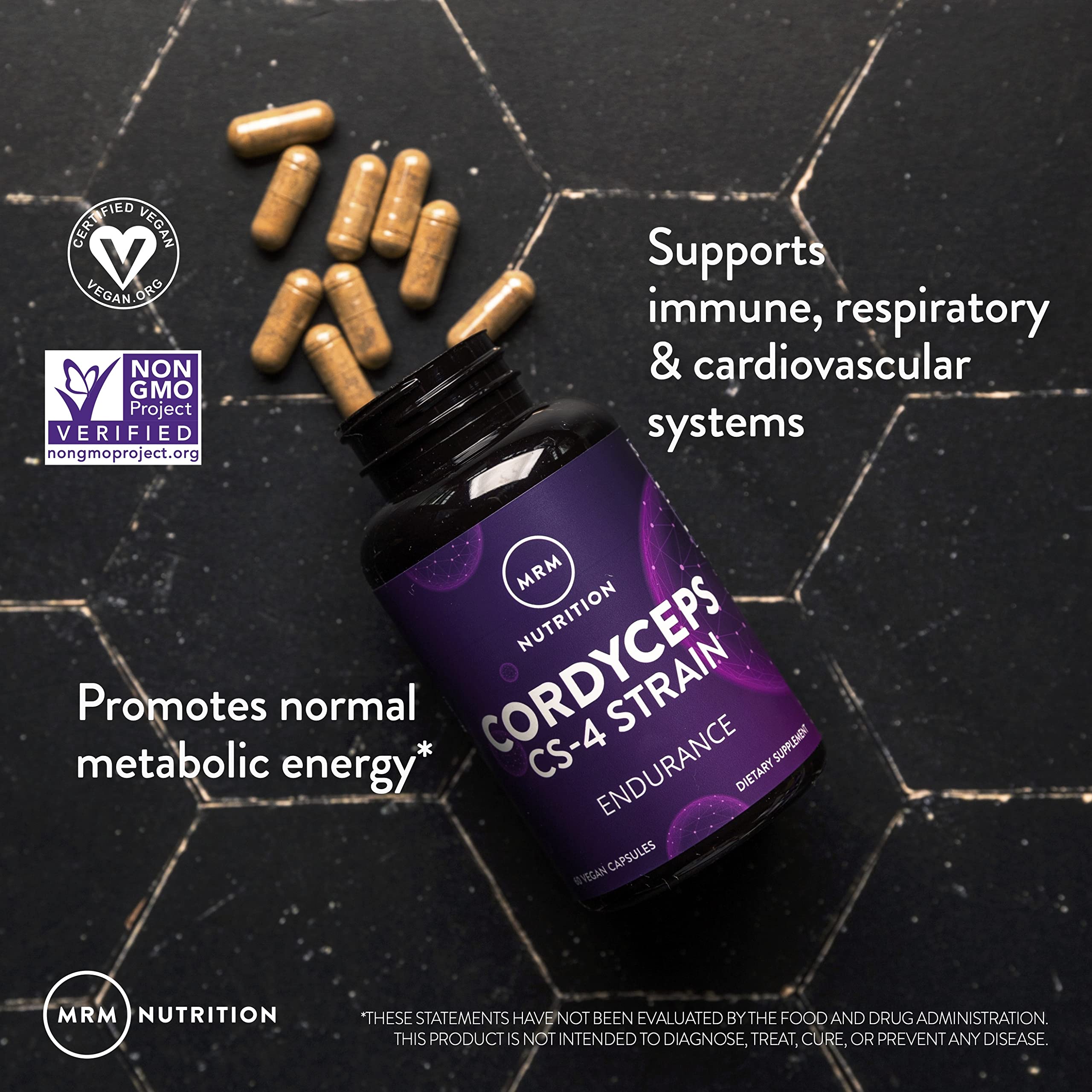 MRM Cordyceps CS-4 packaging emphasizes vegan, non-GMO credentials.