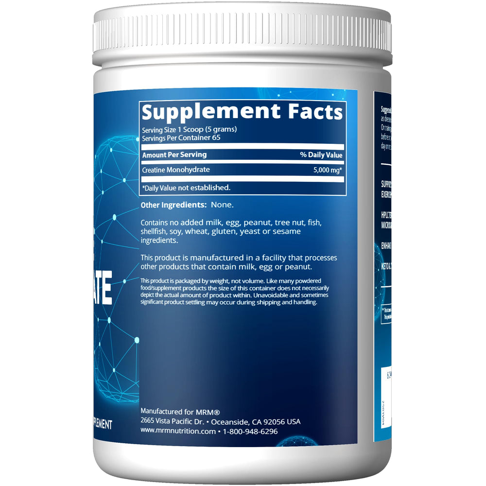 MRM Creatine Monohydrate Powder in a glass with a scoop demonstrates convenient supplementation for workouts