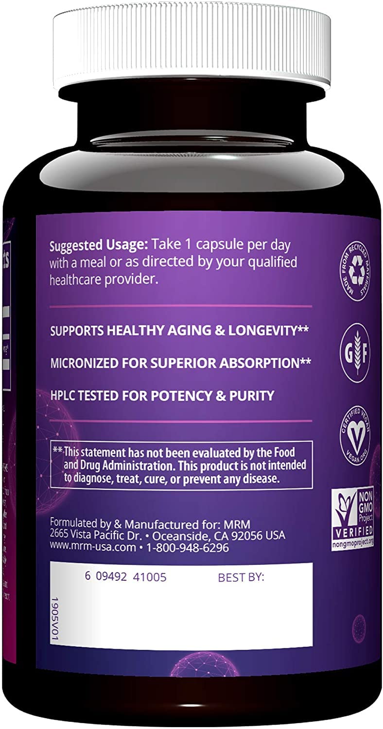 MRM DHEA gluten-free and vegan certification icons on pack.