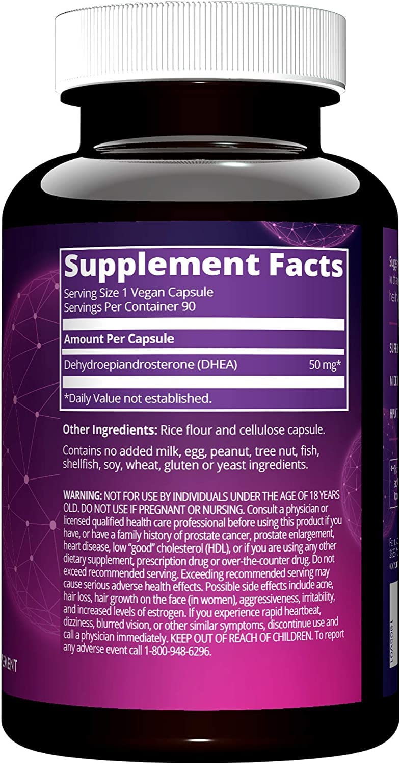 MRM DHEA label shows HPLC-tested purity and potency.