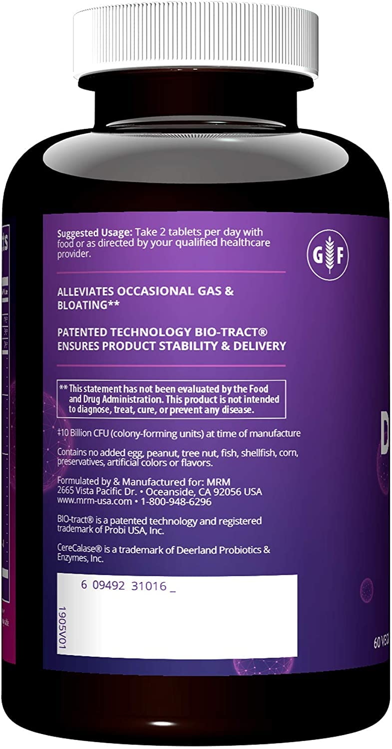 MRM Digest-All IC Probiotics label close-up highlights blend of enzymes and probiotics.