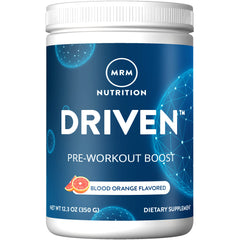 MRM Driven pre-workout blood orange tub ready for energy and focus before training.