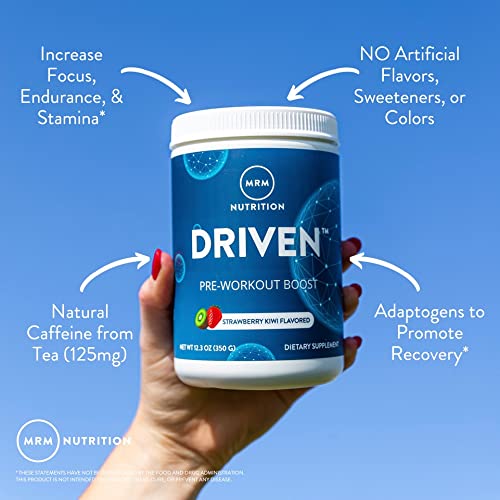 MRM Driven pre-workout packaging label confirms vegan and gluten-free formulation.