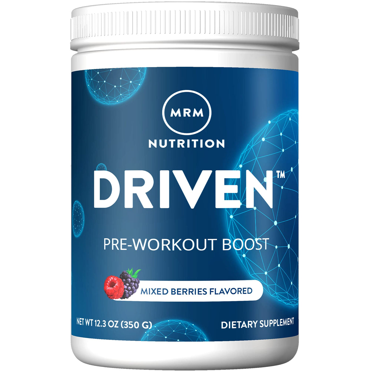 MRM Driven preworkout tub in mixed berry flavor for workout energy and focus