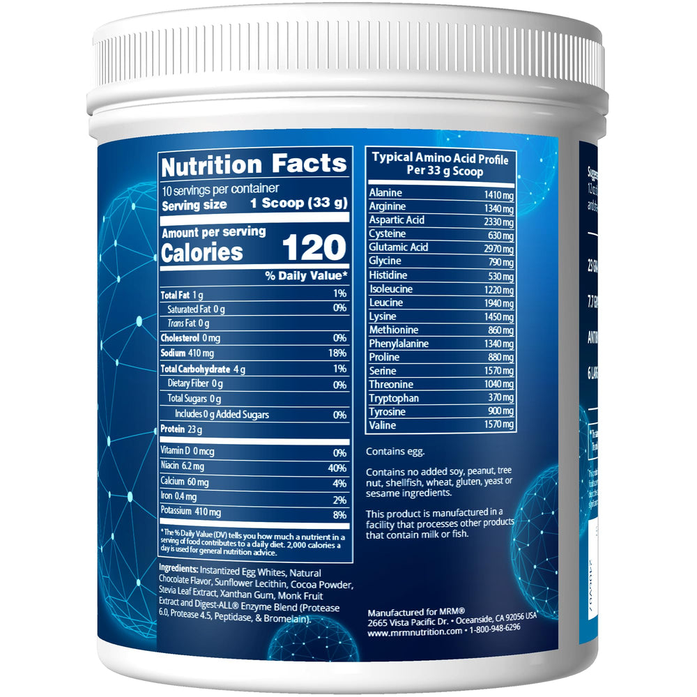 MRM Egg White Protein Chocolate scoop showing convenient serving size for shakes