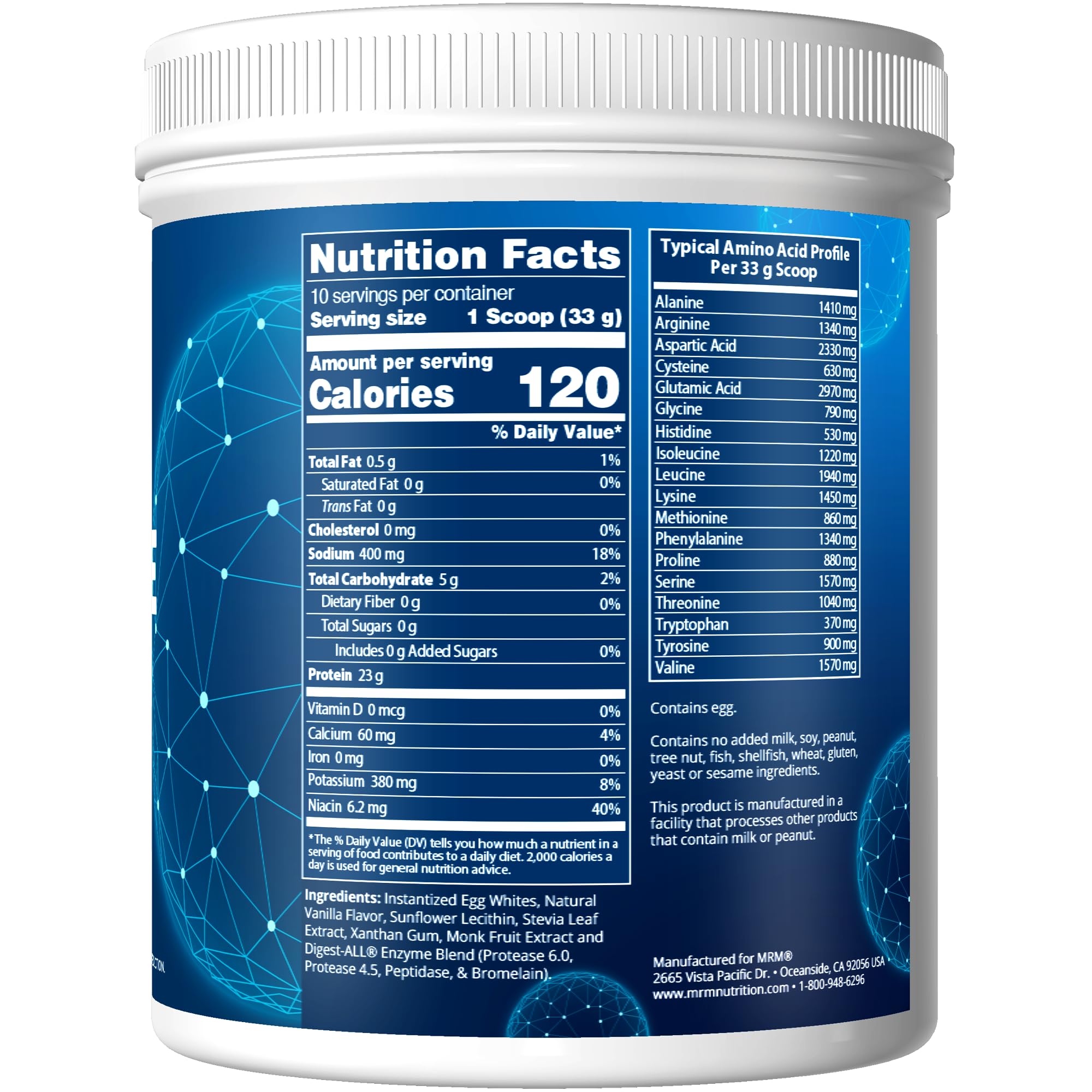 MRM Egg White Protein Vanilla scoop illustrates 23 g protein per serving