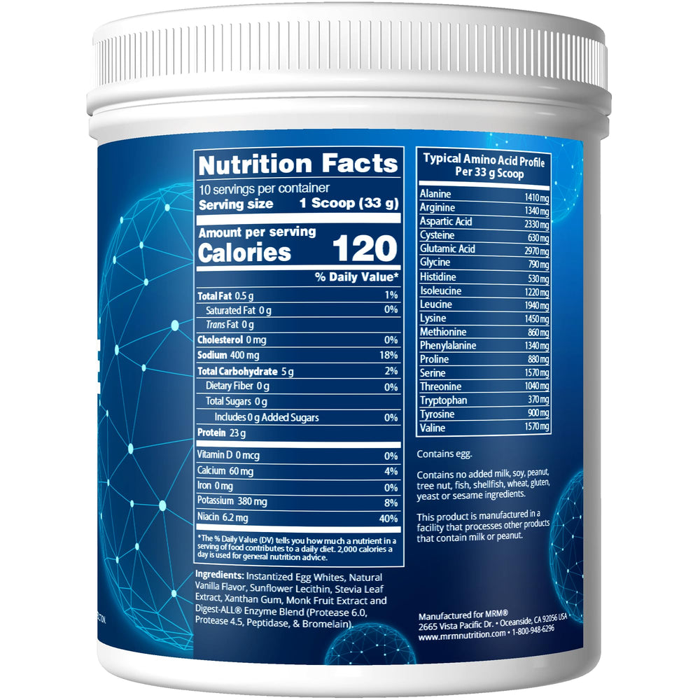 MRM Egg White Protein Vanilla scoop illustrates 23 g protein per serving