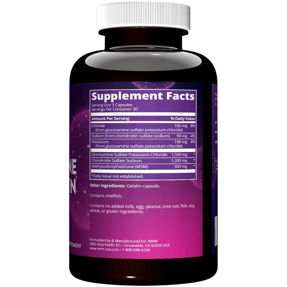 MRM bottle label close-up highlighting GMP quality and supplement blend for joints.