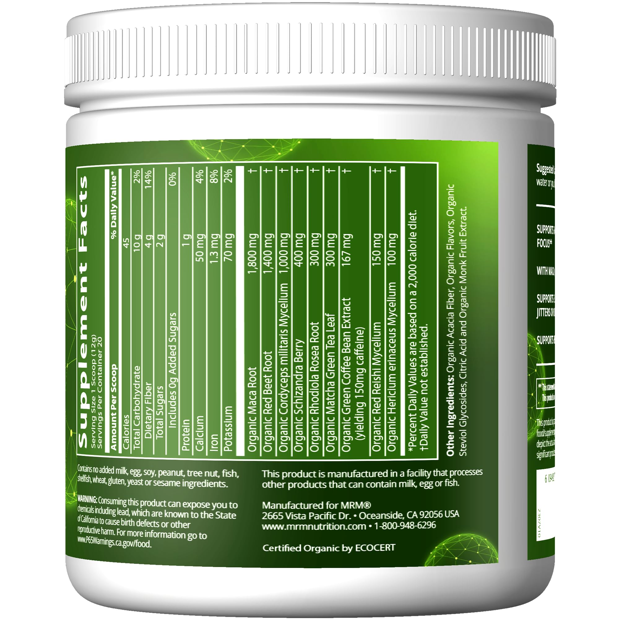 MRM Island Fusion powder scoop beside a glass for a reliable energy boost.
