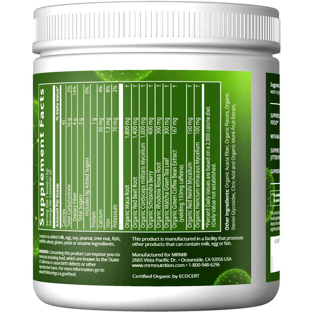MRM Island Fusion powder scoop beside a glass for a reliable energy boost.