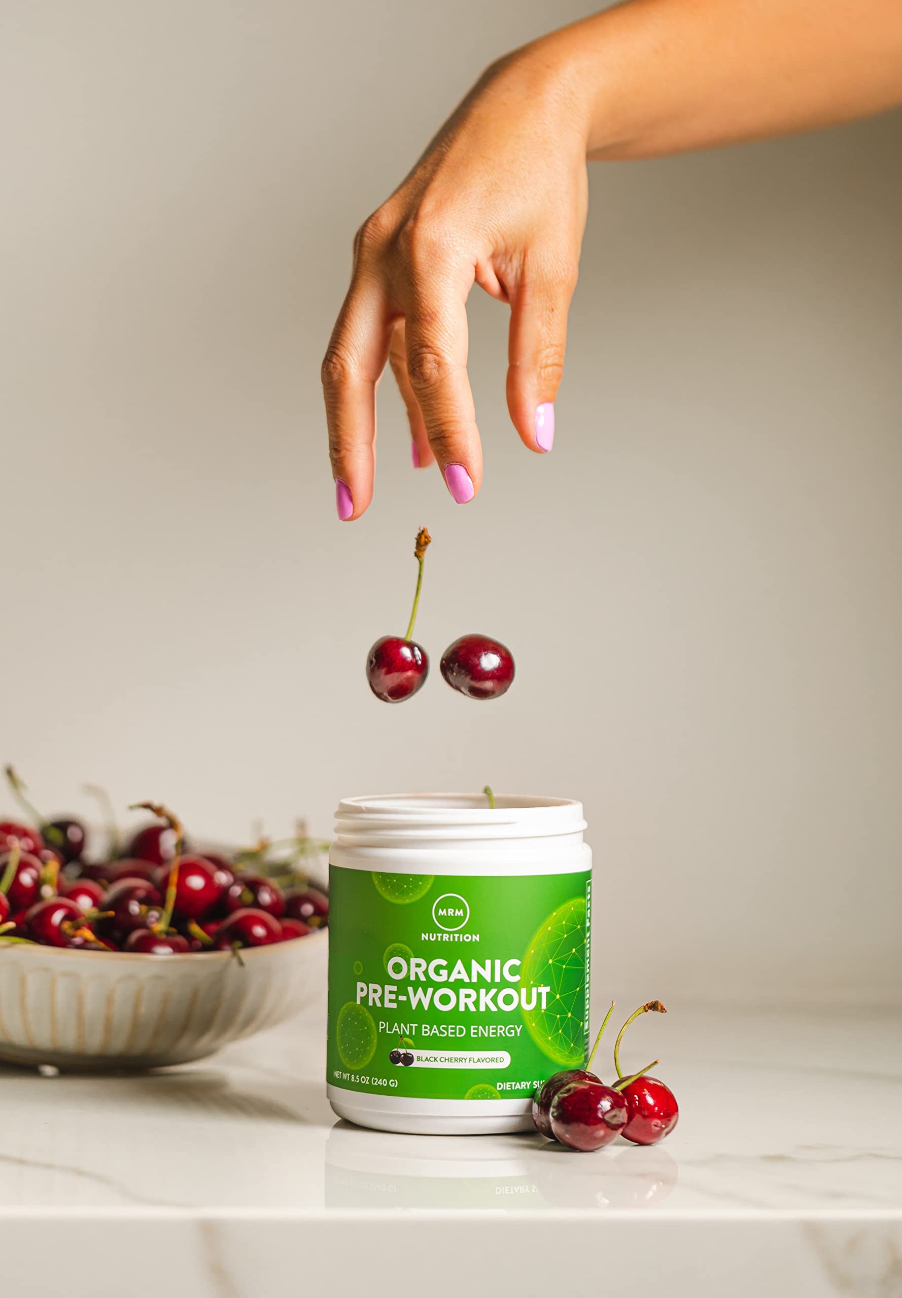 Vegan non-GMO seal on MRM Island Fusion packaging for plant-based trust.