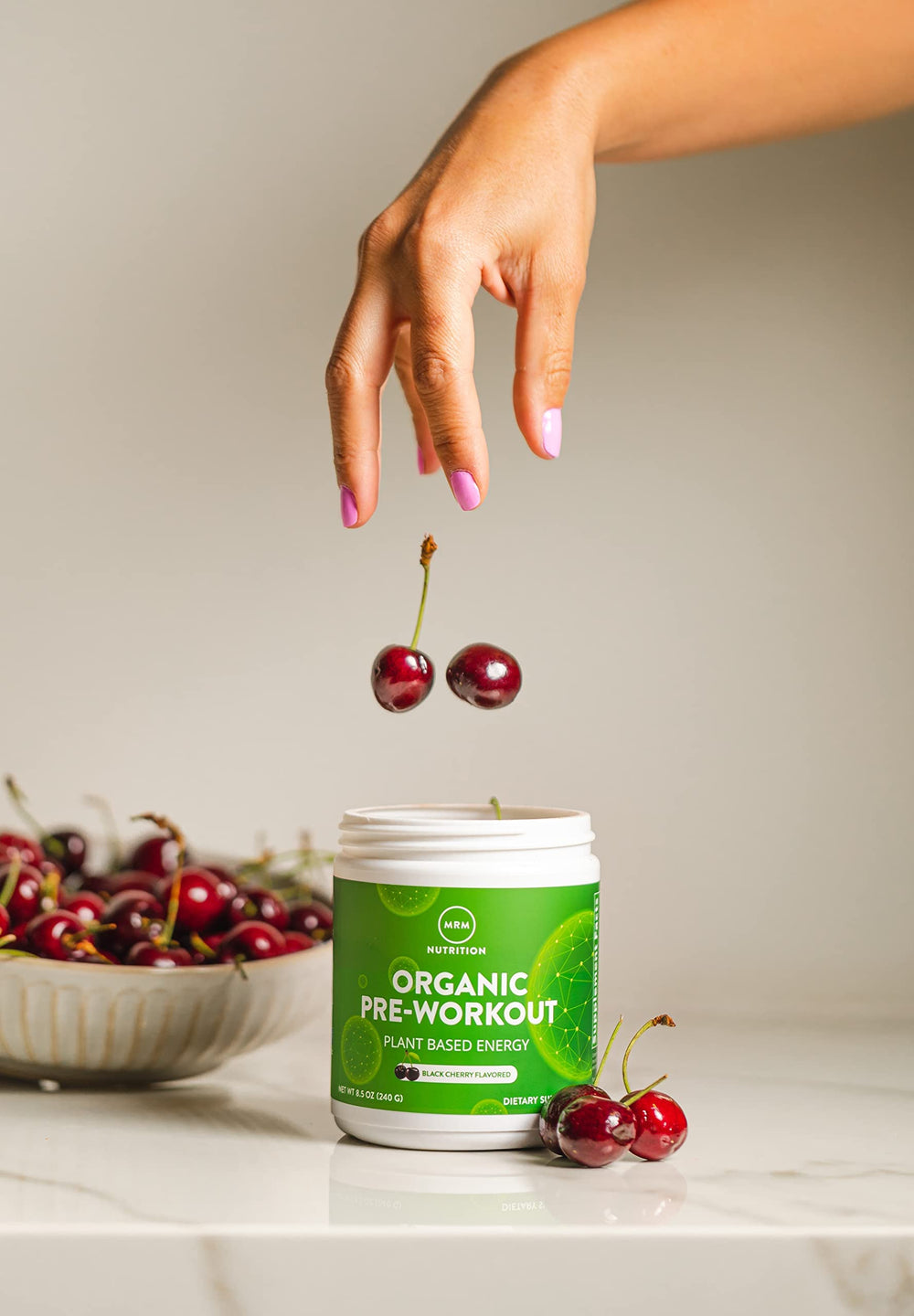 Vegan non-GMO seal on MRM Island Fusion packaging for plant-based trust.