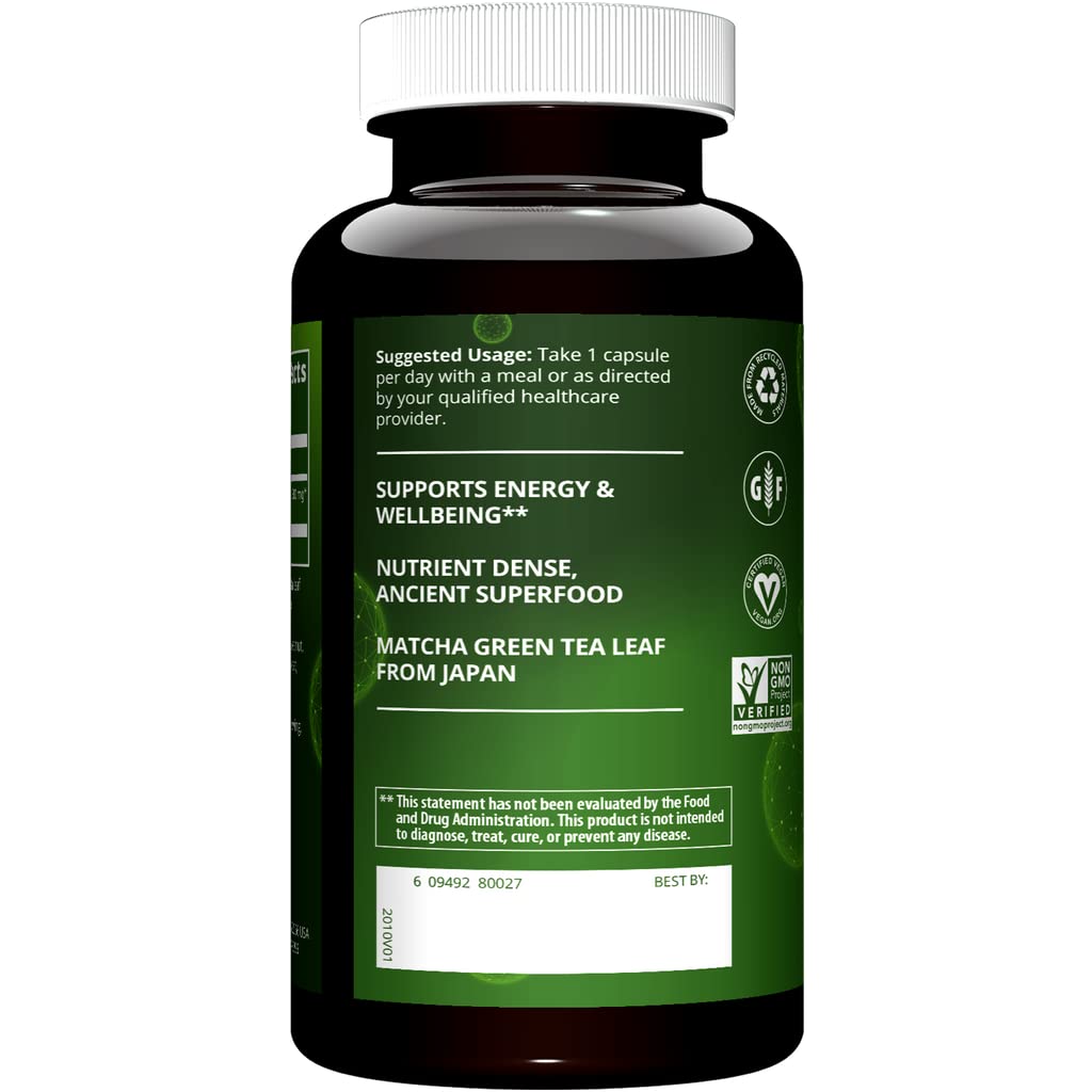 MRM Matcha Green Tea Capsules bottle back shows per-pack details.