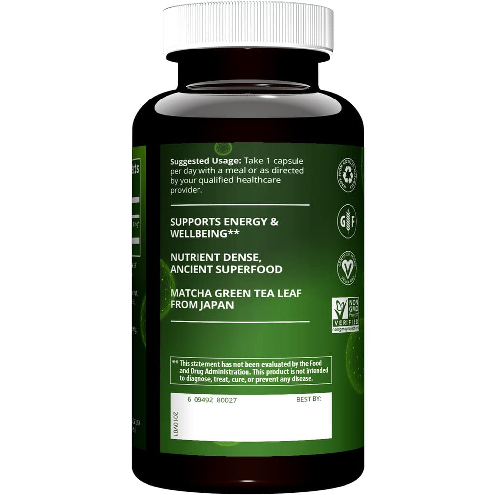 MRM Matcha Green Tea Capsules bottle back shows per-pack details.
