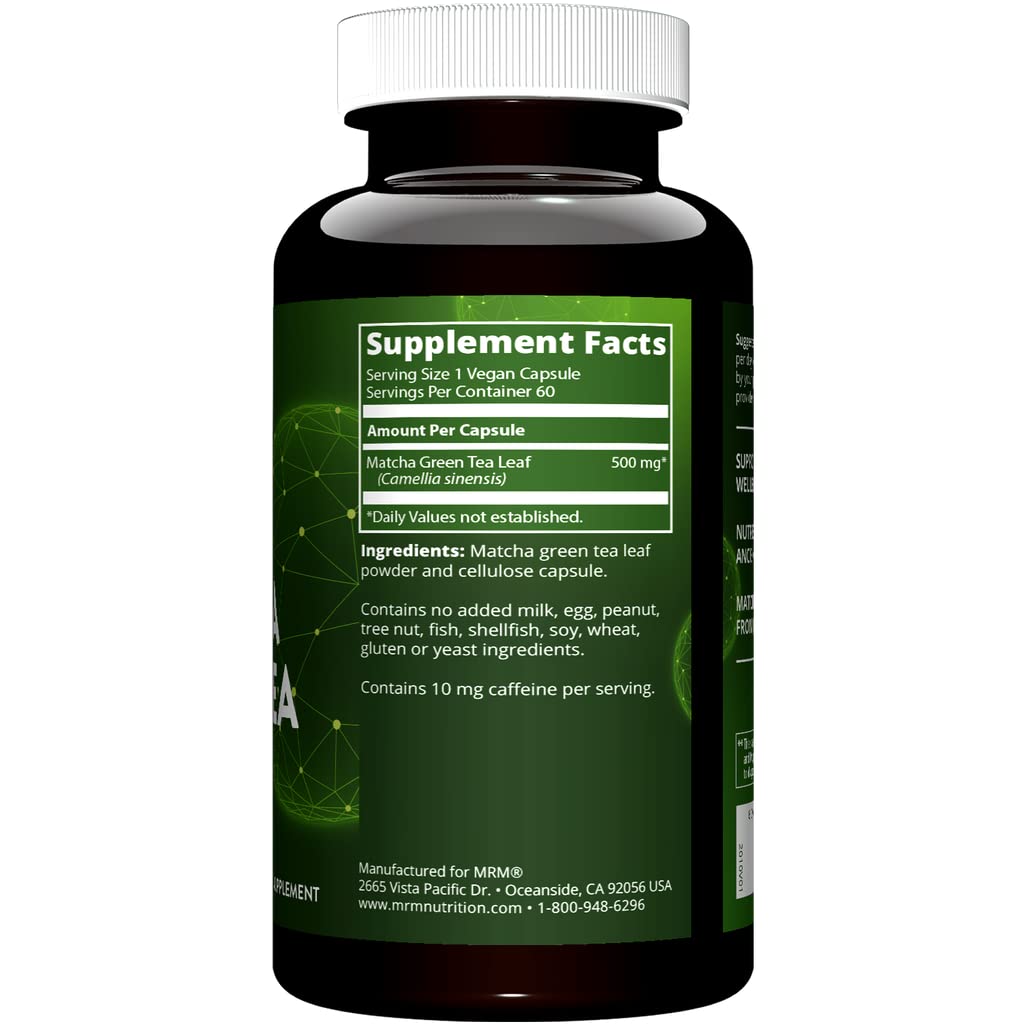 MRM Matcha Green Tea Capsules close-up highlighting convenient 60 serving bottles for daily routines.